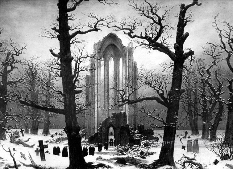 雪の中の修道院の墓地 カスパール・ダーヴィト・フリードリヒ 白黒油絵